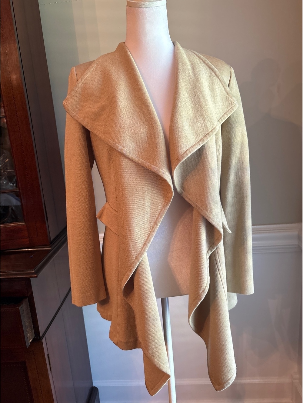 St. John Camel Draped Wool-Blend Open Cardigan Jacket